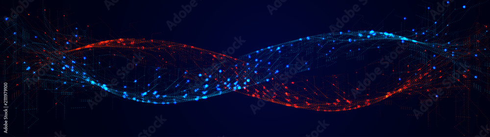 Obraz premium Abstract Technology Background With Red And Blue Particle Waves, Abstract DNA Helix, Glowing Digital Data Streams And Network Connections On Dark Space. Vector Illustration.