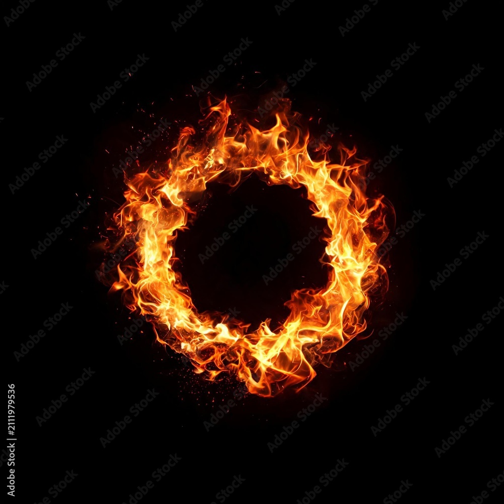 Fototapeta premium Abstract fiery ring of flames burning isolated on black with abstract isolated background