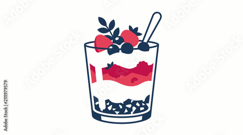 Minimalist flat vector illustration of a fruit parfait in a glass.