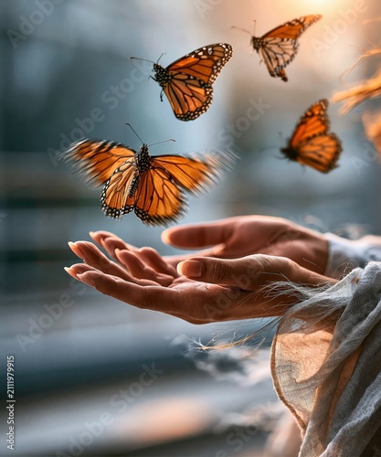 Hands releasing monarch butterflies into the sky, symbolizing freedom, letting go and new beginnings, with copy space for text
