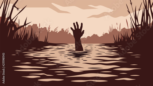 Foto Single human hand reaching out of water surface with drowning reaching struggle
