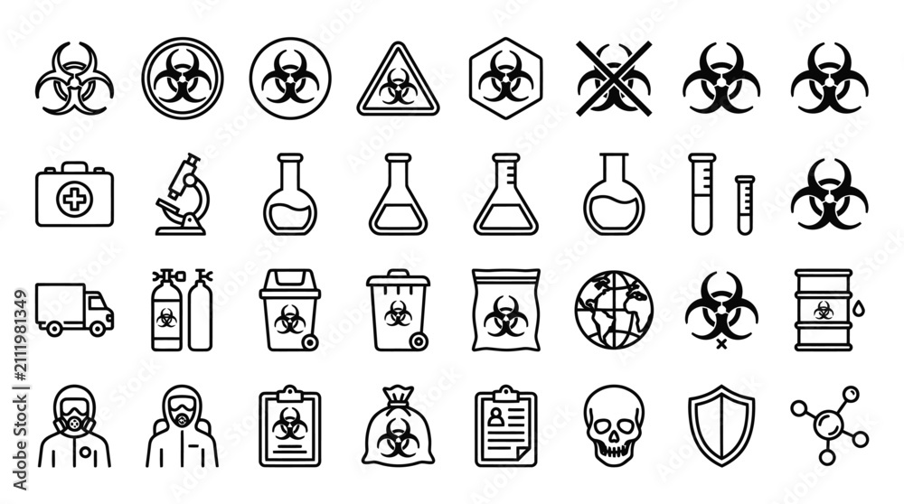 Fototapeta premium Biohazard chemical and laboratory safety black outline icons for research.