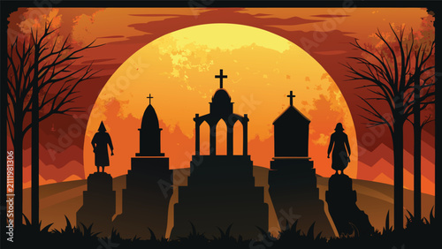 Obraz na plátne Spooky graveyard silhouette against large full moon background with graveyard ce