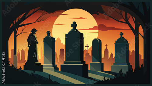 Photography Ancient tombstones in graveyard at sunset graphic illustration with graveyard ce