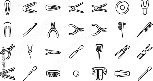 Foto Hair Care and Hairdressing Tools Line Art Icons Set