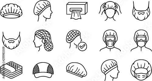 Принти на полотні Hygiene and Protection Line Art Icons Set: Hairnets, Beard Nets, Disposable Caps