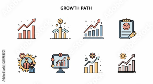 Illustrated journey of business growth and development stages.