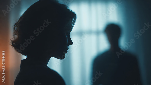 Silhouette of a sad woman standing in a room with a man in the background.