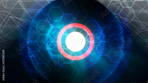 Abstract technology background with glowing circular core, blue energy waves, hexagonal pattern, polygon wireframe, and futuristic digital design with copy space