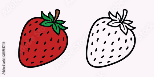 Red strawberry vector illustration with black and white coloring book outline line art