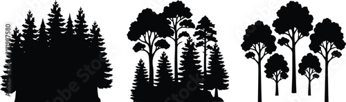 Fotografie Forest Tree Silhouette Set with Pine and Deciduous Trees, Woodland Landscape Bla