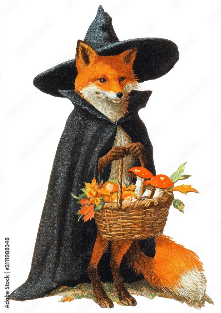 Fototapeta premium Fox in witch hat with basket of mushrooms and leaves.