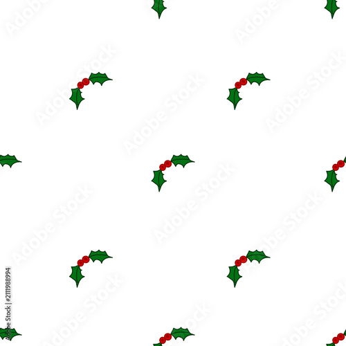 Cute hand drawn holly leaves and red berries seamless pattern