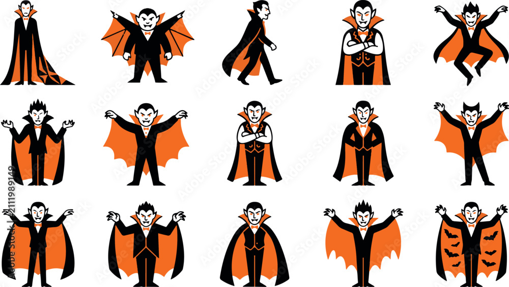 Fototapeta premium Set of cute cartoon vampire characters in various poses for halloween party decorations and festive graphic design projects