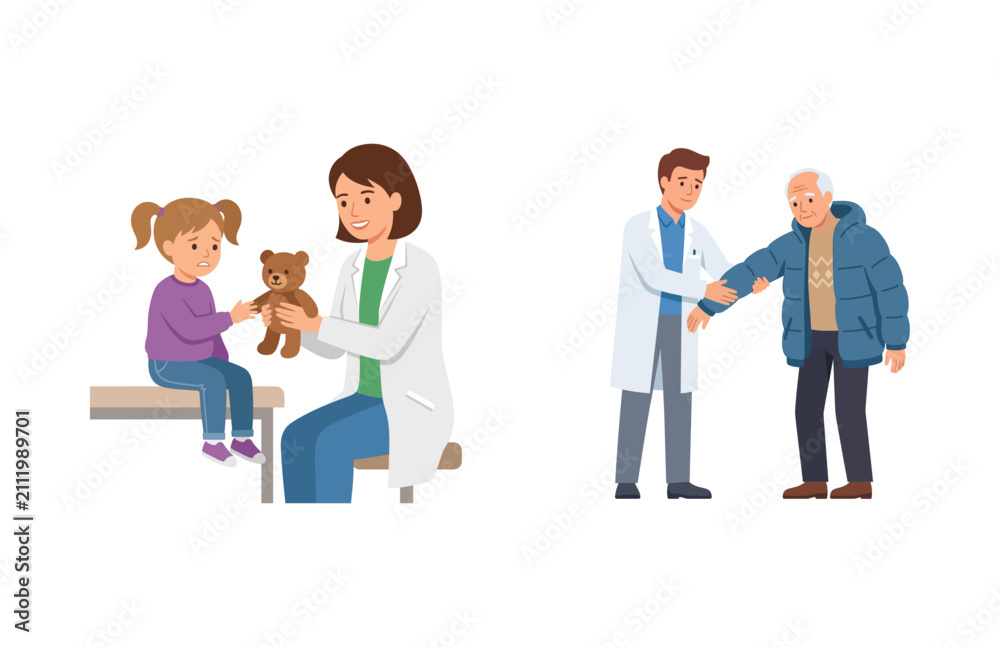 Obraz premium Pediatrician examining a little girl with a teddy bear and a doctor helping an elderly man