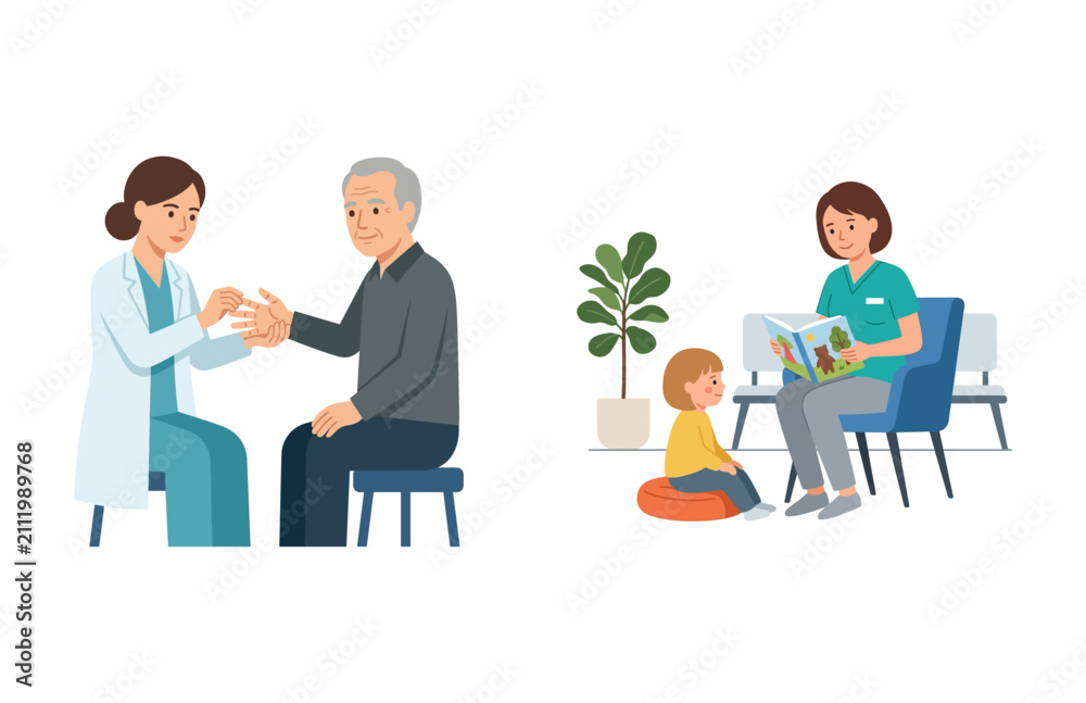 Fototapeta premium Friendly doctor examining senior patient's hand and nurse reading a story book to a child