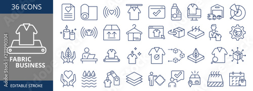 Fabric Business web banner icon set outline vector illustrations concept with icon textile industry, textile business, fabric, textile, fabric manufacturing, textile manufacturing
