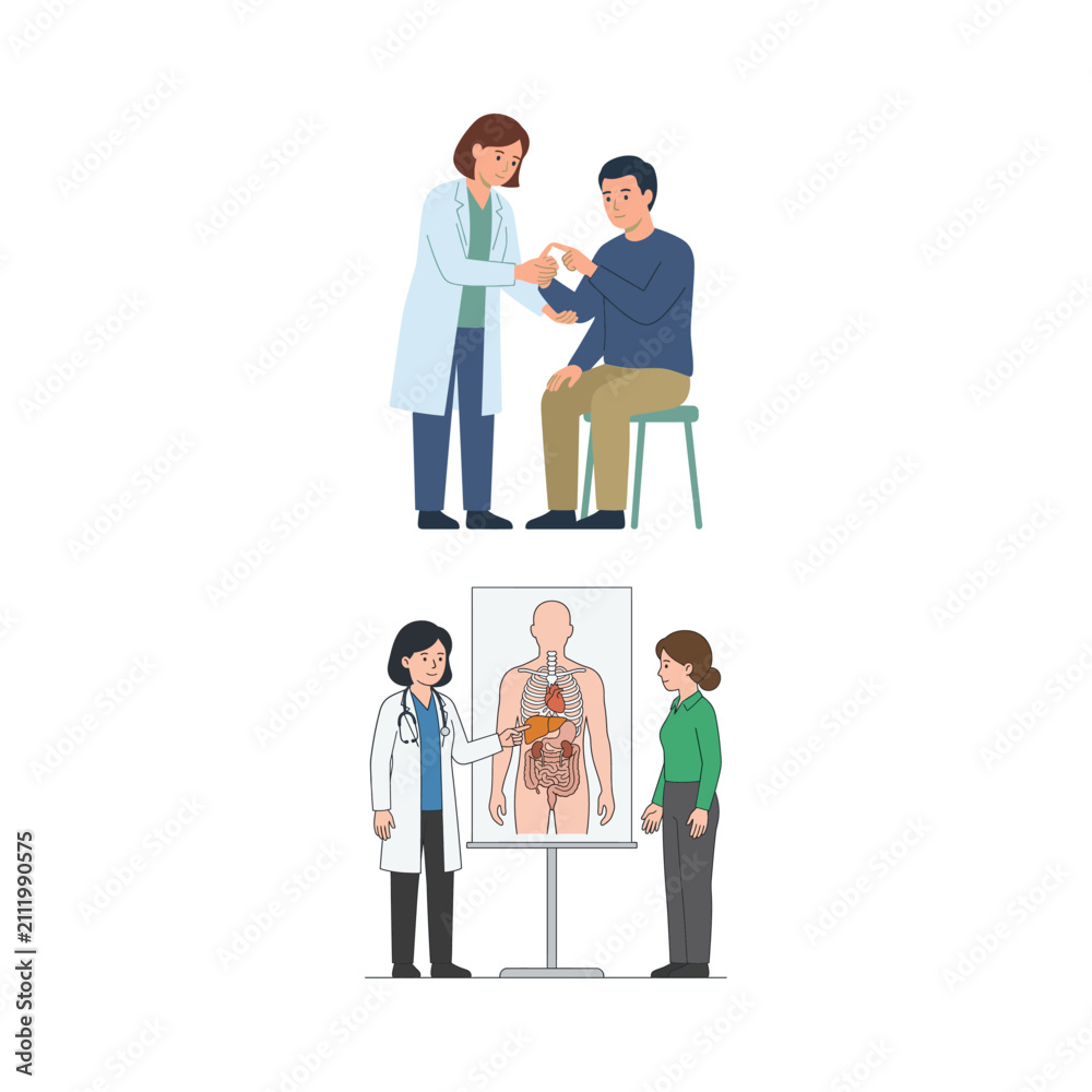 Obraz premium Doctor consulting patients in medical clinic showing anatomy chart and examining arm