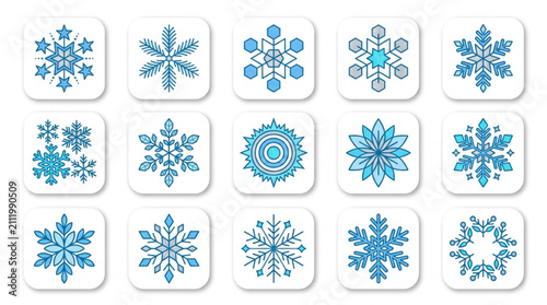 Fotografie Collection of Decorative Blue Snowflakes on White Background.