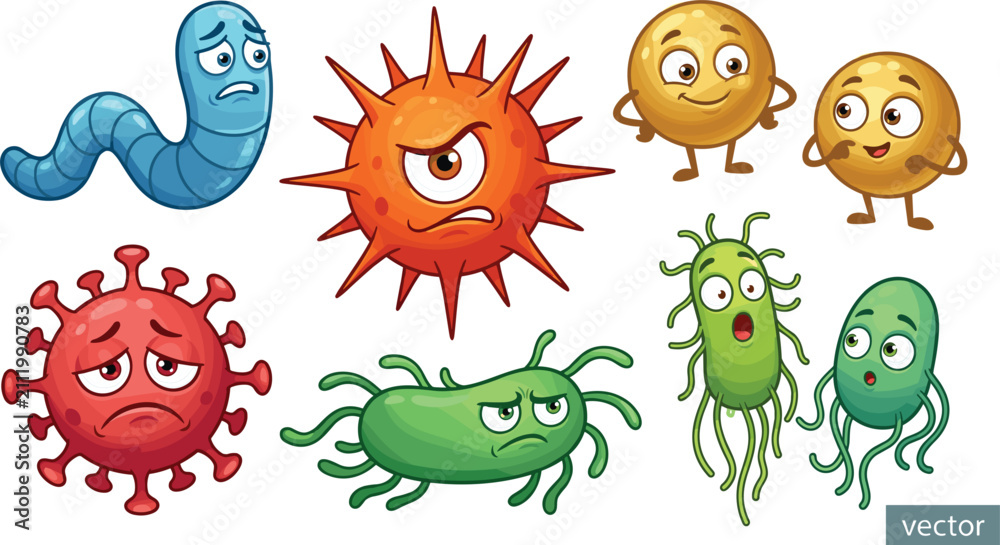 Obraz premium Cartoon Bacteria and Virus Mascot Character Set with Microbe, Germ, and Pathogen Icons Isolated on White Background for Educational Medical Graphic Designs