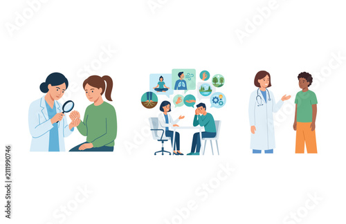 Healthcare concepts with doctor examining patient skin, medical consultation, and discussion