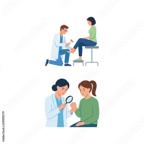 Принти на полотні Doctors examining patients, checking reflexes with a mallet and skin with a magn