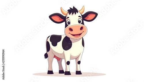 Cute cartoon cow with heart spots standing on platform.
