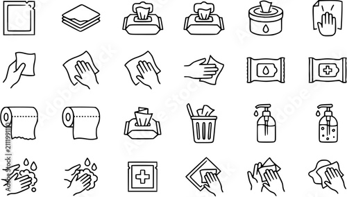 Fotografie Hygiene and Cleaning Line Art Icons Set: Featuring Wipes, Tissues, Hand Washing,