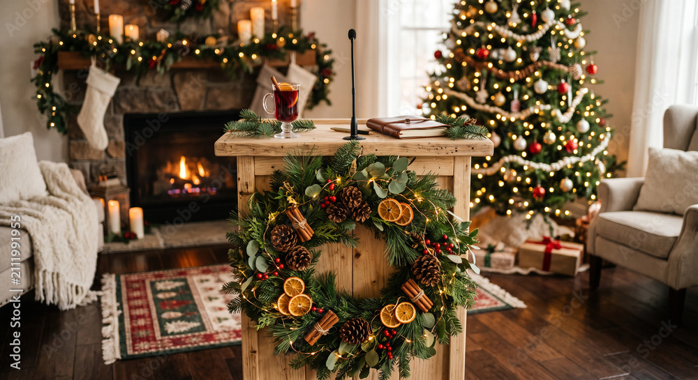 Fototapeta premium Cozy Christmas interior with wooden podium, festive wreath, fireplace, and decorated tree