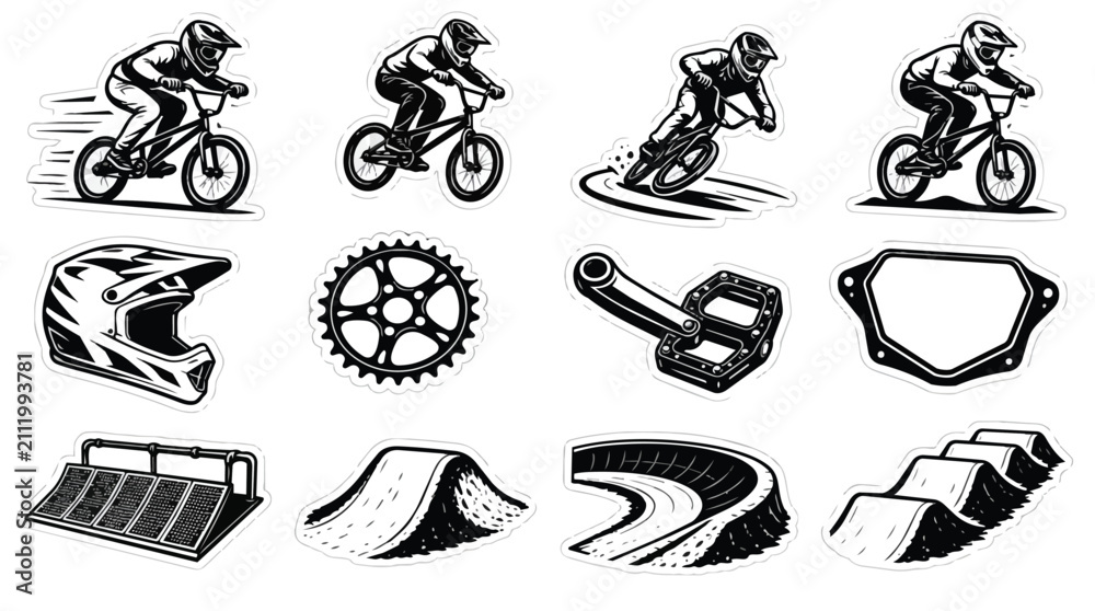 Obraz premium BMX Riders, Bike Gear, Track Elements Vector Sticker Collection