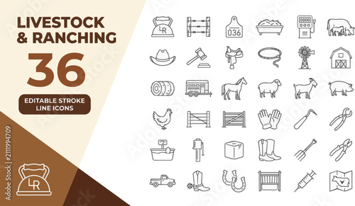 Photography Livestock and ranching outline icon set for agriculture on transparent background Editable Stroke