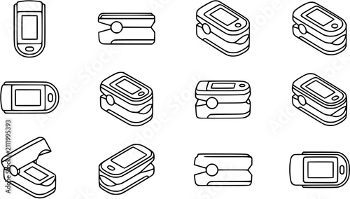 Konstfotografi Medical Pulse Oximeters Black and White Line Art Icon Set for Healthcare Monitor