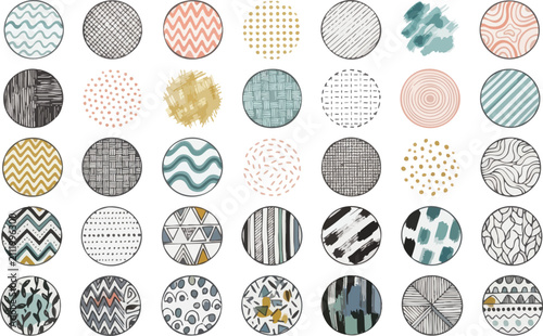 Seamless patterns with hand drawn abstract textures and shapes on transparent background