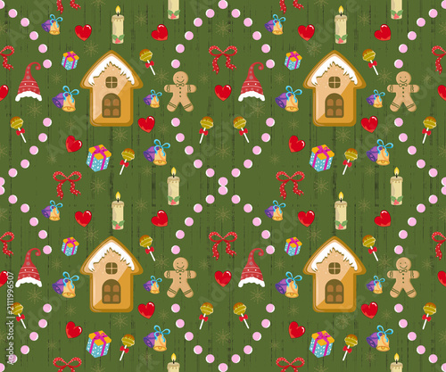 Seamless fabric art in Christmas and New Year styles, abstract, ethnic, green background, Christmas patterns. Suitable for textiles, pillows, curtains, clothing, vector images, background images.