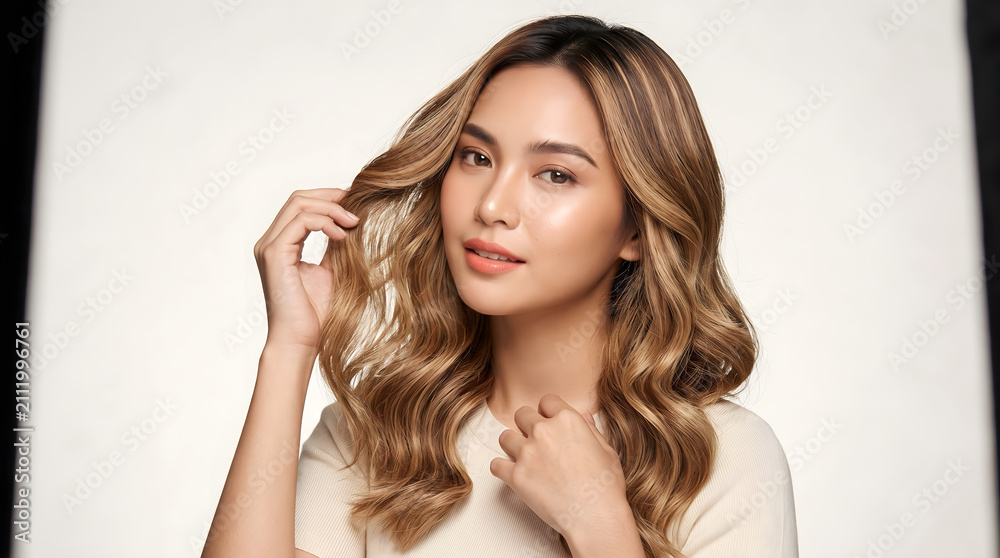 Fototapeta premium Beautiful young woman with wavy highlighted hair against white background