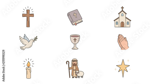 Set of Hand Drawn Christian Religious Icons and Symbols.