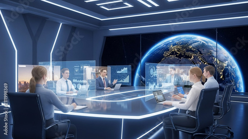 Futuristic Corporate Boardroom Meeting with Holographic Data and Earth View