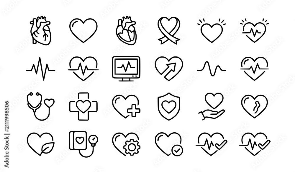Fototapeta premium Heart and Heartbeat Icon Set with Pulse Cardiogram and Medical Cross Symbols for Healthcare and Cardiology Design
