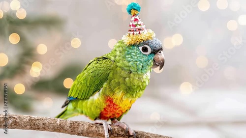 Parrot Wears a Small Hat and Sits on a Branch During Winter