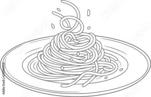 Foto 丸い皿に盛られた美味しいスパゲッティパスタのシンプルな白黒の線画