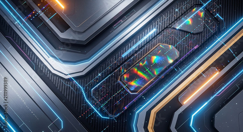 Futuristic Cyberpunk Circuit Board Background with Rainbow Light Effects