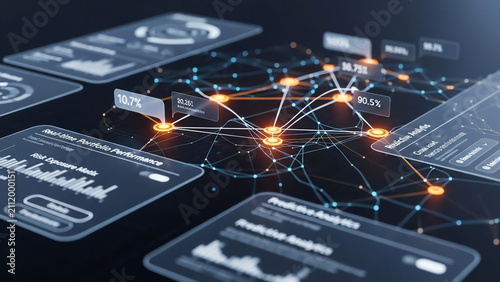 Futuristic Data Analytics Dashboard with Network Connection Nodes and Predictive Graphs