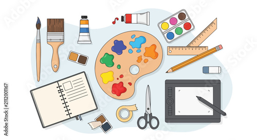 Flat lay of productivity and wellness tools on desk.