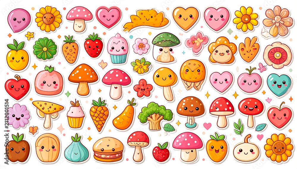 Obraz premium Playful Y2K sticker collection featuring happy vegetables, bread, peace signs, and whimsical cartoon faces.