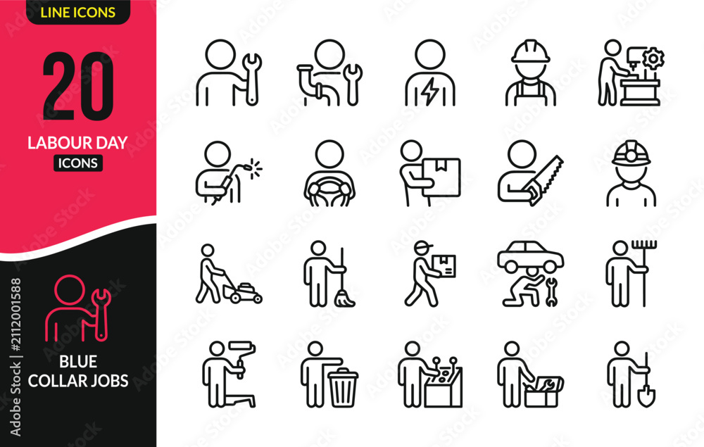 Fototapeta premium Set of twenty line icons representing various professions and occupations for labour day celebration and business career concepts