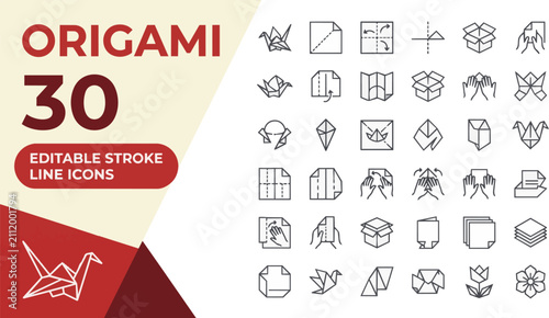 Origami paper folding process line icon collection set on transparent background Editable Stroke.