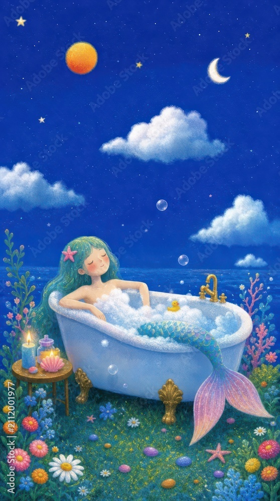 Obraz premium Whimsical mermaid in a bathtub under a starry sky, perfect mobile wallpaper.