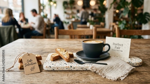 Delicious latte coffee served with crunchy almond biscotti on a rustic wooden table in a cozy cafe setting perfect for morning relaxation and gourmet breakfast experiences with a beautiful bokeh