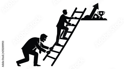 Professional business silhouette vector illustration showing a man helping another climb a ladder for success
