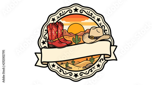 Red cowboy boots and hat in desert landscape badge